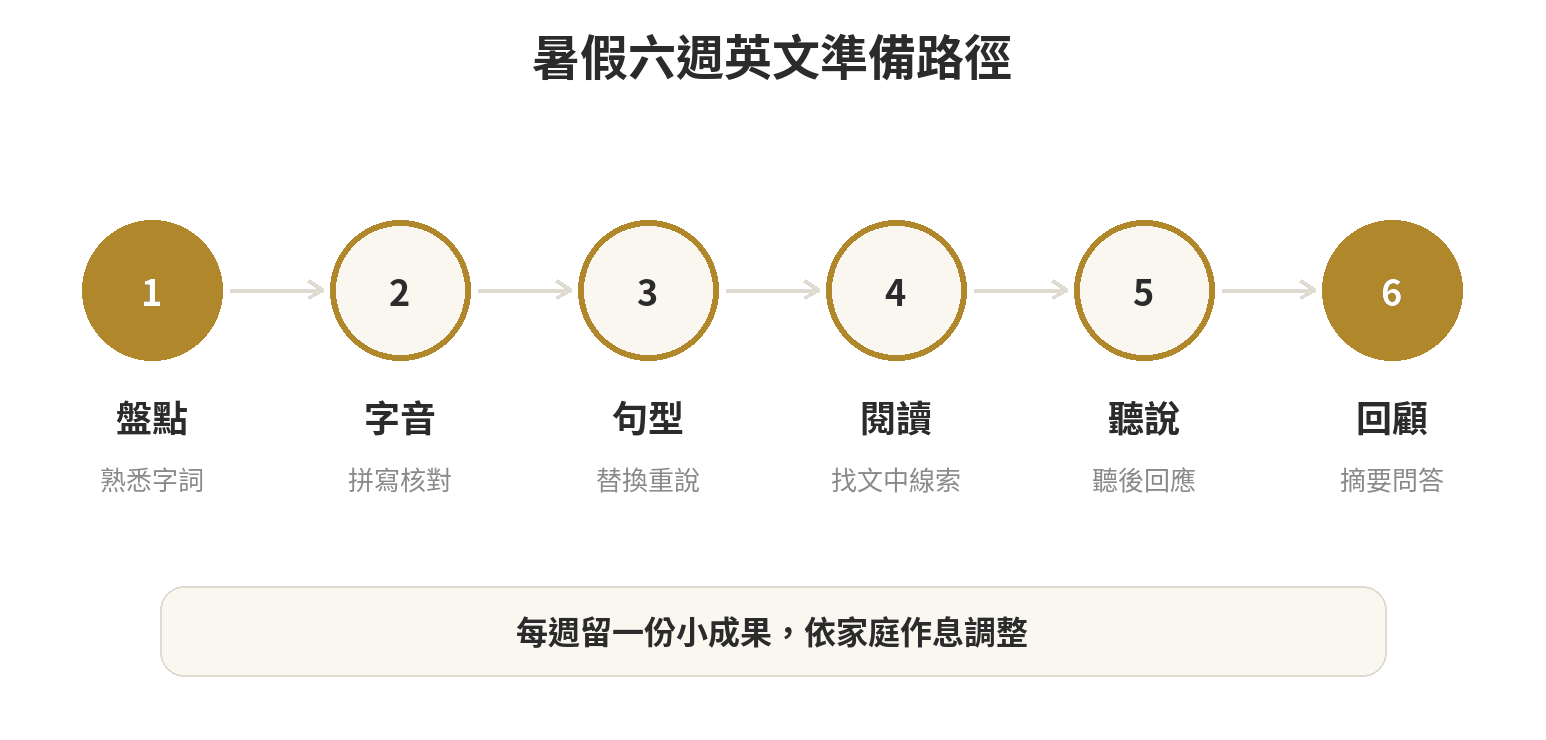 小六升國一英文怎麼銜接?暑假該準備什麼 暑假六週英文準備路徑:盤點、字音拼字、句型、閱讀、聽說、綜合回顧
