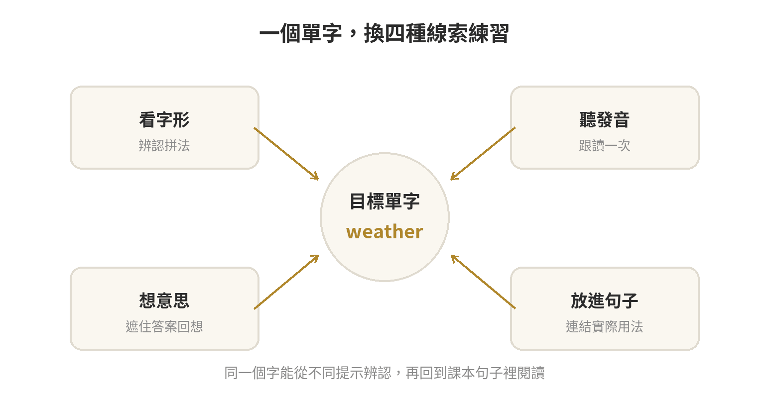學習單字的四個線索：看字形、聽發音、回想意思、在句子裡使用